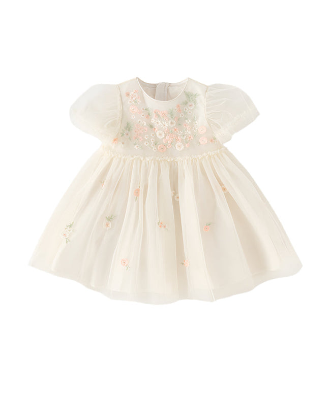Toddler Girls Summer Noble Flower Embroidery Mesh Princess Dress