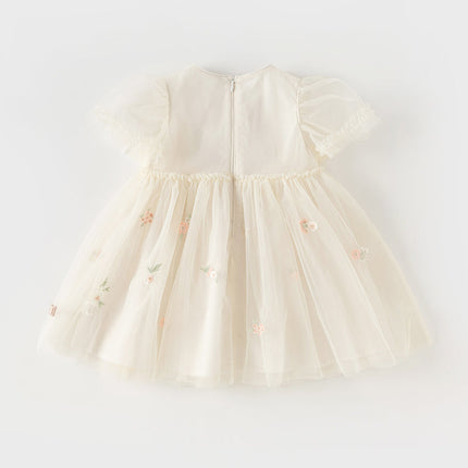 Toddler Girls Summer Noble Flower Embroidery Mesh Princess Dress