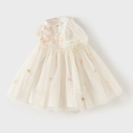Toddler Girls Summer Noble Flower Embroidery Mesh Princess Dress