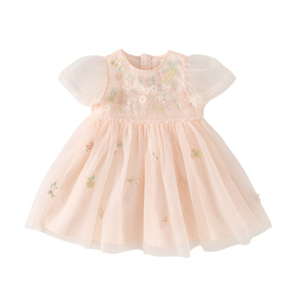 Toddler Girls Summer Noble Flower Embroidery Mesh Princess Dress