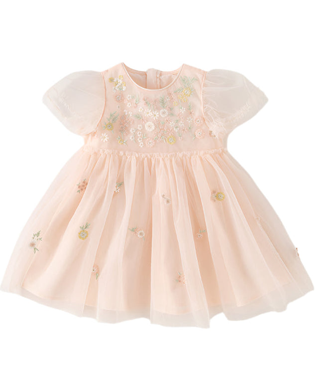 Toddler Girls Summer Noble Flower Embroidery Mesh Princess Dress