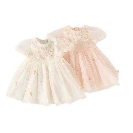Toddler Girls Summer Noble Flower Embroidery Mesh Princess Dress