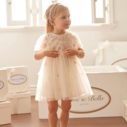 Toddler Girls Summer Noble Flower Embroidery Mesh Princess Dress