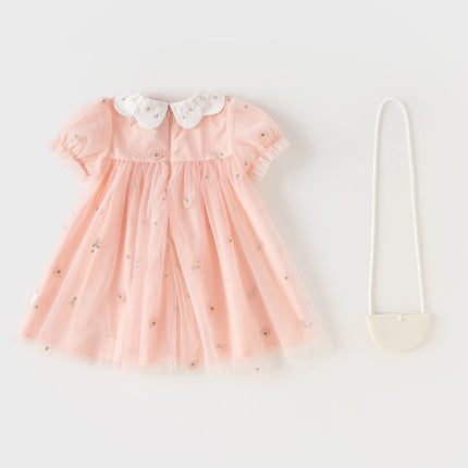Toddler Girls Summer Cute Pink Mesh Princess Dress(wallet bag)