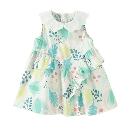 Girls Summer Leaf Print Sleeveless Sweet Dress