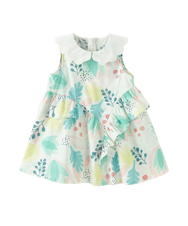 Girls Summer Leaf Print Sleeveless Sweet Dress