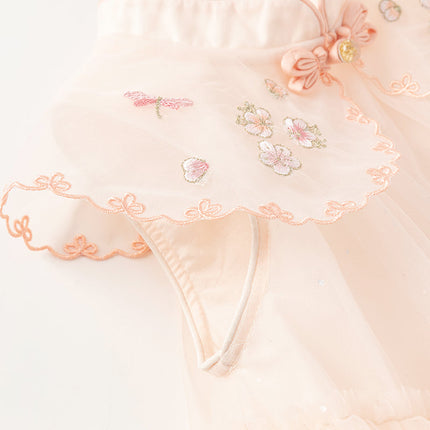 Toddler Girls Summer Chinese-style Flower Embroidery Mesh Dress(wallet bag)