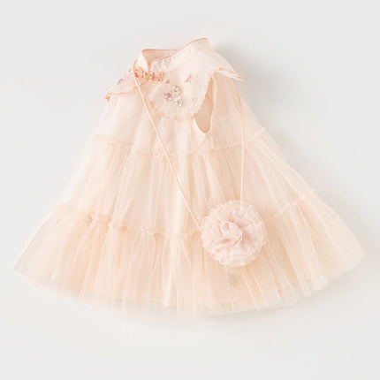 Toddler Girls Summer Chinese-style Flower Embroidery Mesh Dress(wallet bag)