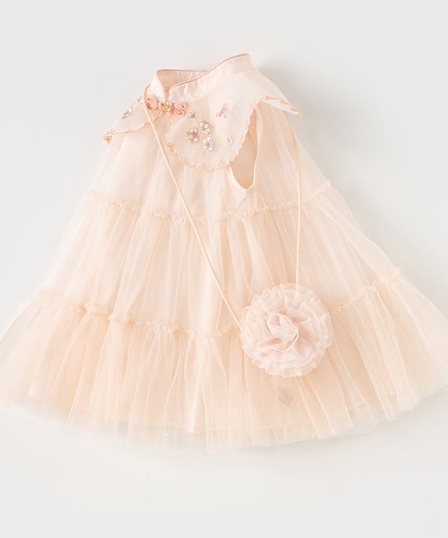 Toddler Girls Summer Chinese-style Flower Embroidery Mesh Dress(wallet bag)