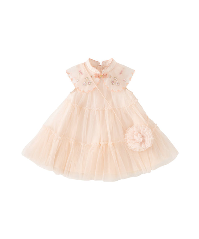 Toddler Girls Summer Chinese-style Flower Embroidery Mesh Dress(wallet bag)