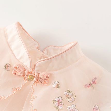 Toddler Girls Summer Chinese-style Flower Embroidery Mesh Dress(wallet bag)