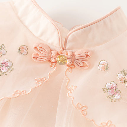 Toddler Girls Summer Chinese-style Flower Embroidery Mesh Dress(wallet bag)