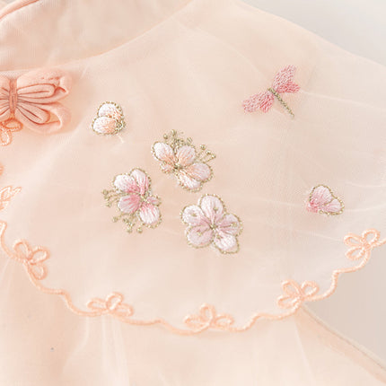Toddler Girls Summer Chinese-style Flower Embroidery Mesh Dress(wallet bag)