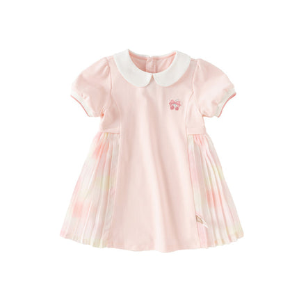 Toddler Girls Summer Short Sleeve Pink Pleated Dress