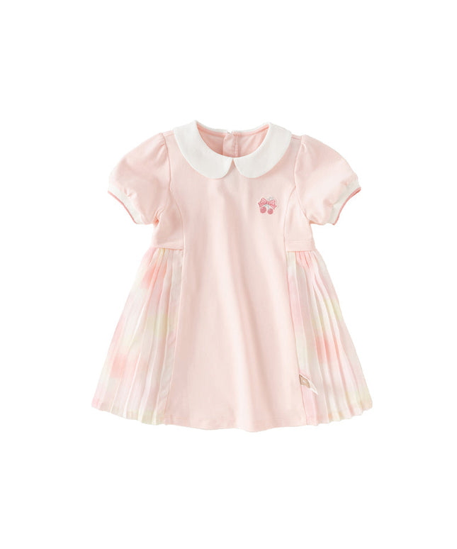 Toddler Girls Summer Short Sleeve Pink Pleated Dress