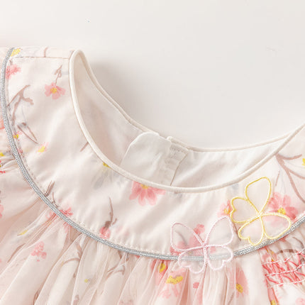 Toddler Girls Summer Sweet Pink Floral Print Mesh Princess Dress (wallet bag)