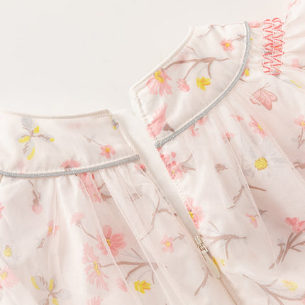 Toddler Girls Summer Sweet Pink Floral Print Mesh Princess Dress (wallet bag)