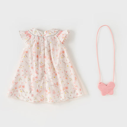 Toddler Girls Summer Sweet Pink Floral Print Mesh Princess Dress (wallet bag)