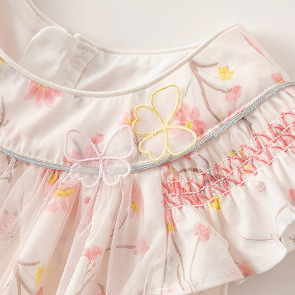 Toddler Girls Summer Sweet Pink Floral Print Mesh Princess Dress (wallet bag)
