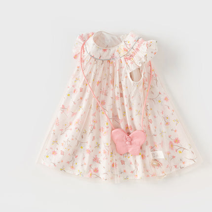 Toddler Girls Summer Sweet Pink Floral Print Mesh Princess Dress (wallet bag)
