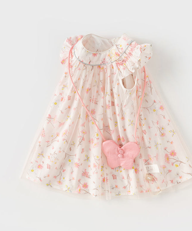 Toddler Girls Summer Sweet Pink Floral Print Mesh Princess Dress (wallet bag)