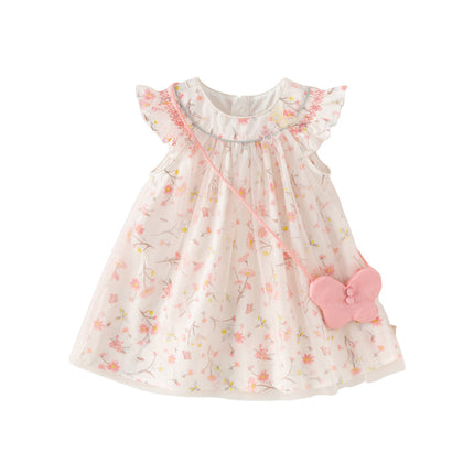 Toddler Girls Summer Sweet Pink Floral Print Mesh Princess Dress (wallet bag)