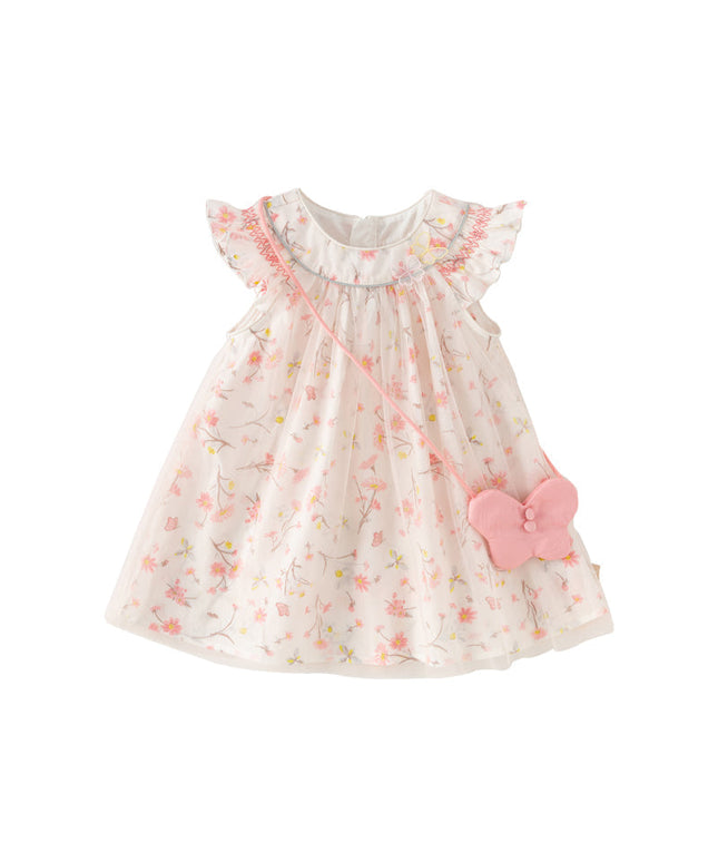Toddler Girls Summer Sweet Pink Floral Print Mesh Princess Dress (wallet bag)