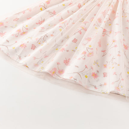 Toddler Girls Summer Sweet Pink Floral Print Mesh Princess Dress (wallet bag)