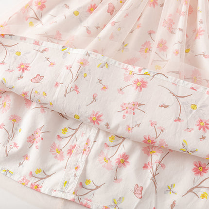 Toddler Girls Summer Sweet Pink Floral Print Mesh Princess Dress (wallet bag)