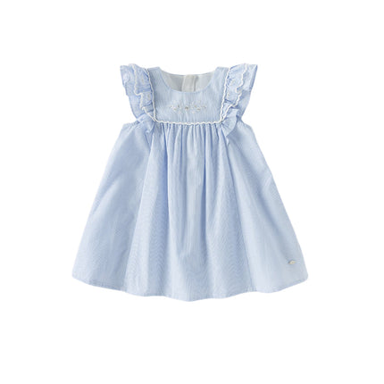 Girls Summer Cotton Light Blue Flutter Sleeve Graceful Party Dress