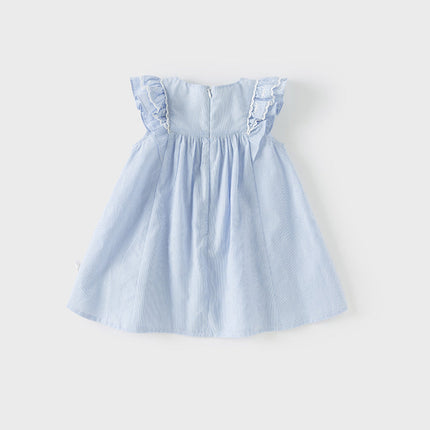 Girls Summer Cotton Light Blue Flutter Sleeve Graceful Party Dress