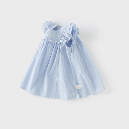 Girls Summer Cotton Light Blue Flutter Sleeve Graceful Party Dress