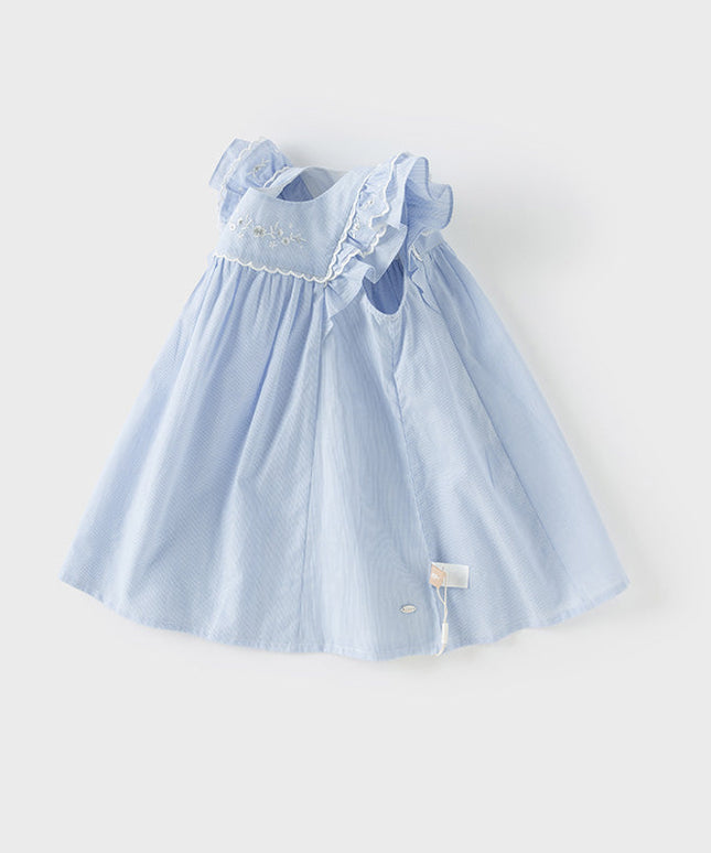Girls Summer Cotton Light Blue Flutter Sleeve Graceful Party Dress