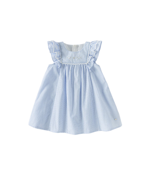 Girls Summer Cotton Light Blue Flutter Sleeve Graceful Party Dress