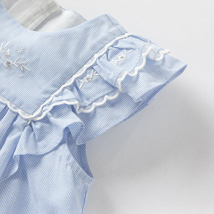 Girls Summer Cotton Light Blue Flutter Sleeve Graceful Party Dress