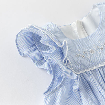 Girls Summer Cotton Light Blue Flutter Sleeve Graceful Party Dress
