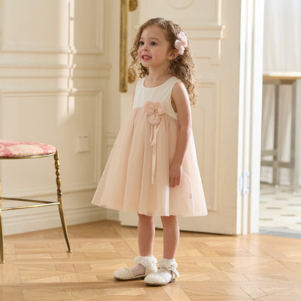 Girls Summer Light Pink Floral Mesh Princess Dress