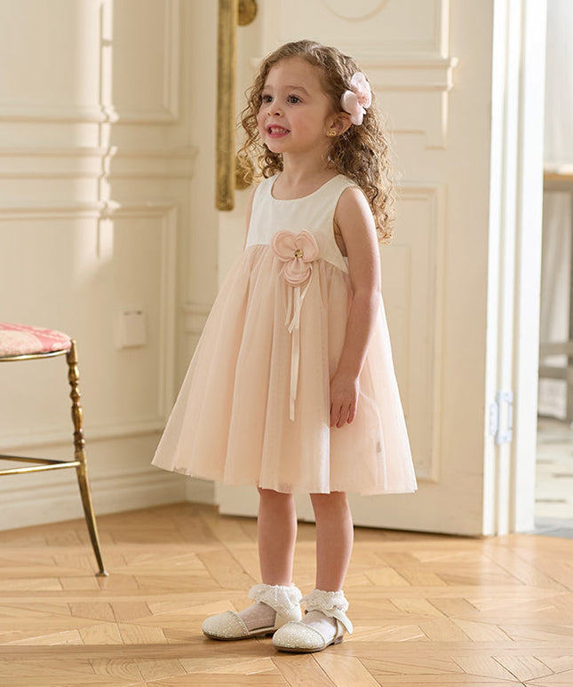 Girls Summer Light Pink Floral Mesh Princess Dress