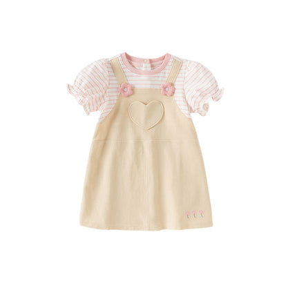 Toddler Girls Summer Cute Pink White Striped Fake Two Piece Dress