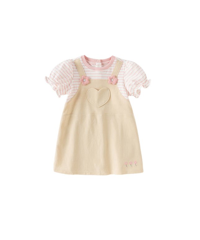 Toddler Girls Summer Cute Pink White Striped Fake Two Piece Dress