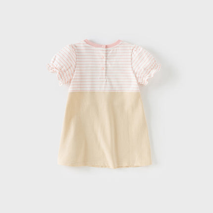 Toddler Girls Summer Cute Pink White Striped Fake Two Piece Dress