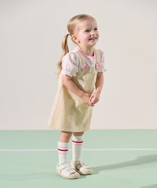 Toddler Girls Summer Cute Pink White Striped Fake Two Piece Dress