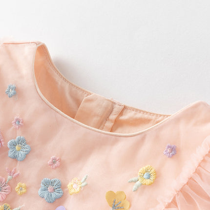 Girls Summer Flowers Embroidery Flutter Sleeve Pink Mesh Dress