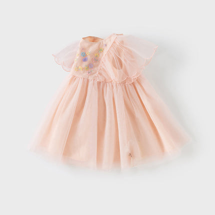 Girls Summer Flowers Embroidery Flutter Sleeve Pink Mesh Dress