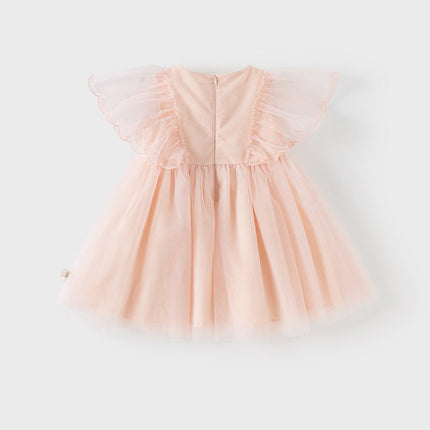 Girls Summer Flowers Embroidery Flutter Sleeve Pink Mesh Dress