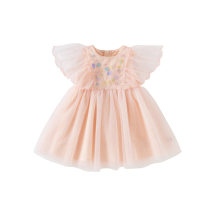 Girls Summer Flowers Embroidery Flutter Sleeve Pink Mesh Dress