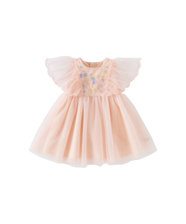 Girls Summer Flowers Embroidery Flutter Sleeve Pink Mesh Dress