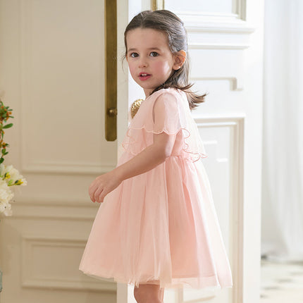 Girls Summer Flowers Embroidery Flutter Sleeve Pink Mesh Dress