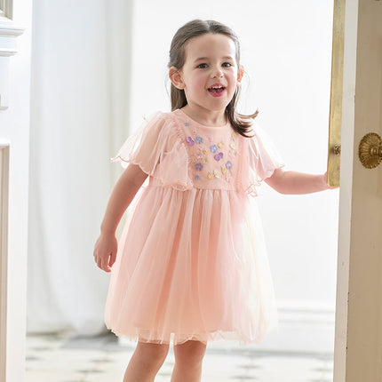 Girls Summer Flowers Embroidery Flutter Sleeve Pink Mesh Dress