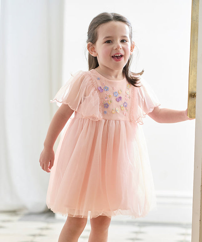 Girls Summer Flowers Embroidery Flutter Sleeve Pink Mesh Dress
